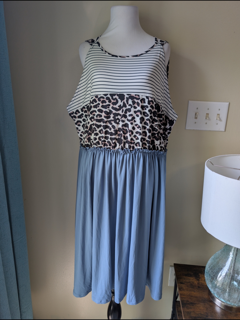 Sleeveless Mixed-Print Maxi Dress in Blue, Leopard Print And Stripes